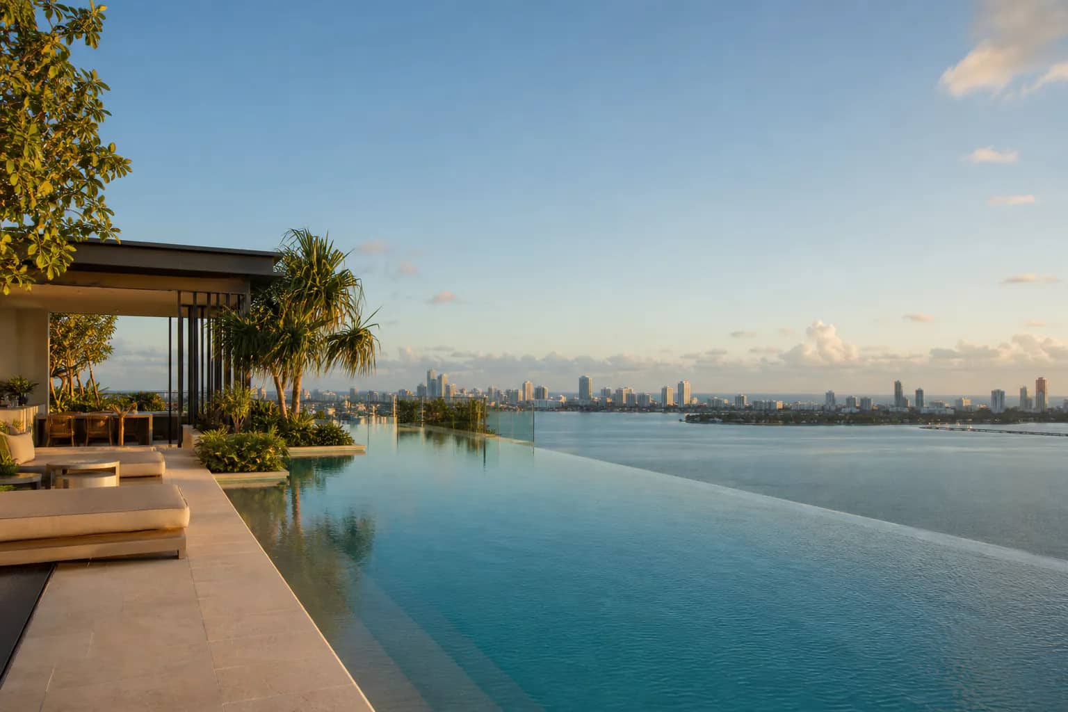 Elevated pool terrace overlooking Miami's bay